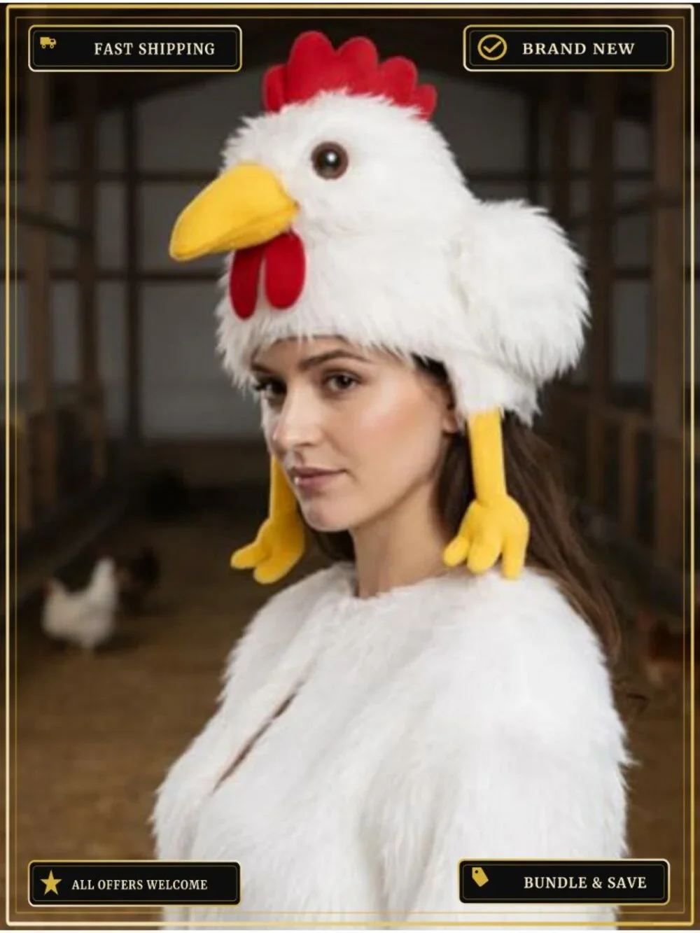 Plush Chicken Hat Funny Rooster Head Costume Accessory Dangling Legs Adult